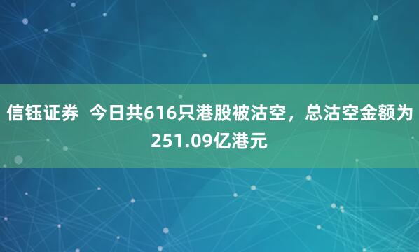 信钰证券  今日共616只港股被沽空，总沽空金额为251.09亿港元